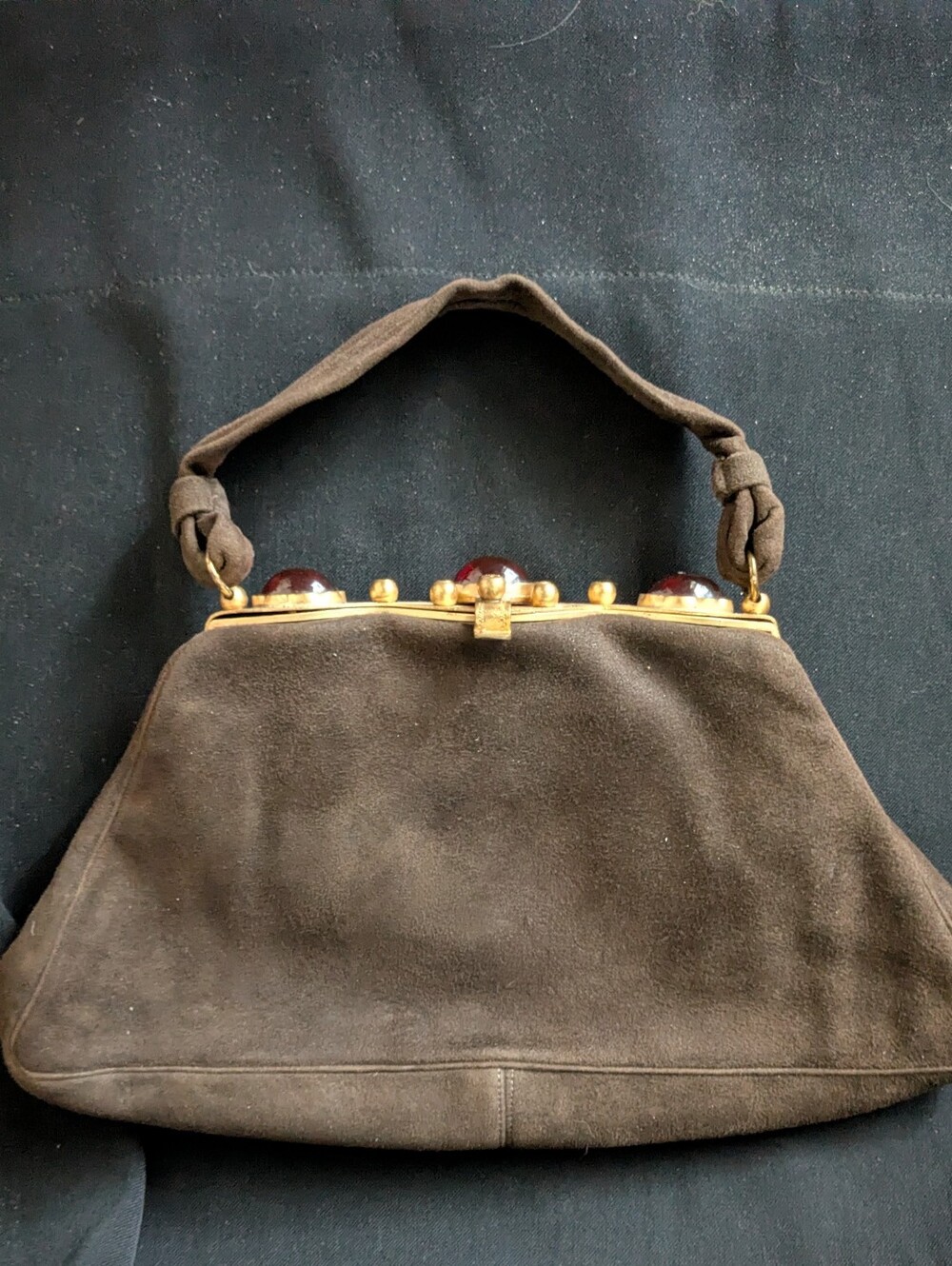 Vintage Mid-Century Jules Jolles Suede Handbag – Ruby Glass Cabochon Frame